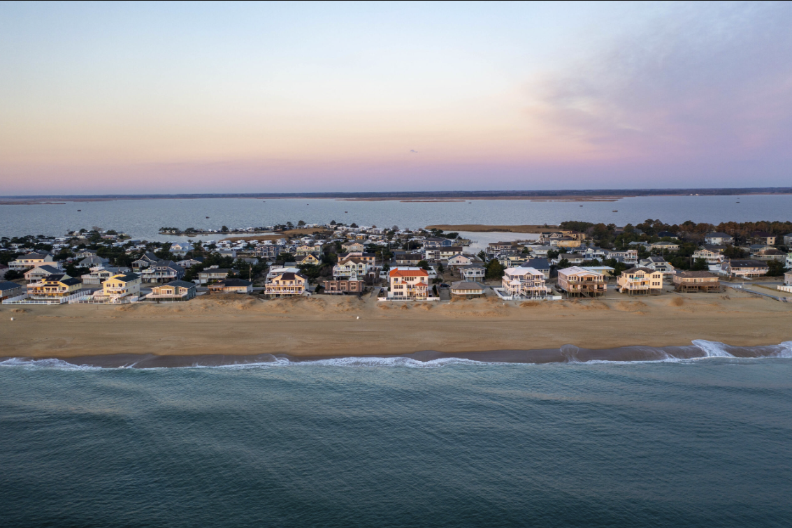 Aerial view of Hampton Roads coastline at dusk